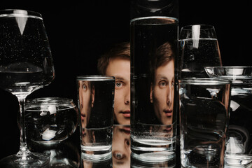 surreal portrait of a man looking through glasses of water