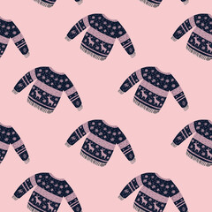 Navy blue sweater with cute winter ornament seamless pattern. Pink background. Cartoon cozy backdrop.