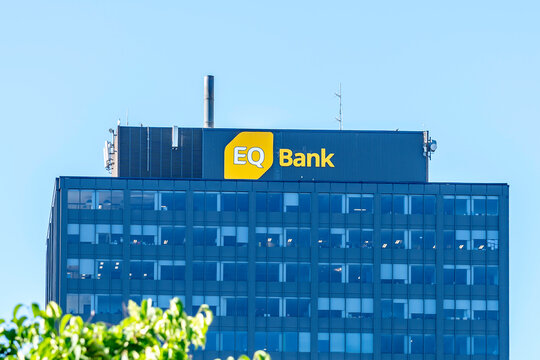 Toronto, Canada - June 30, 2019:  EQ Bank sign on the head office building in Toronto, Canada. Equitable Bank is a Canadian bank founded in 1970. 