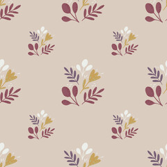 Fototapeta na wymiar Seamless pattern with hand drawn floral onament. Botanical leaves and flowers silhouettes in pastel tones.