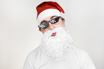 Swag Santa Claus in funny pixelated sunglasses on white background. Gangster, boss, thug life meme. 8bit style. Holly Jolly x Mas Noel. Cool grandfather. Party time, Happy New Year, Merry Christmas