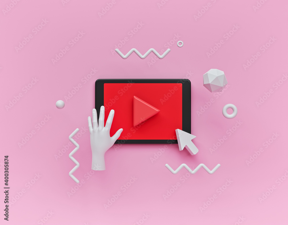 Poster video play button on tablet computer. abstract shapes background. minimal concept. 3d rendering