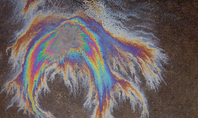Colored oil stains close up, the color of the gasoline stain on the pavement road as a texture or...