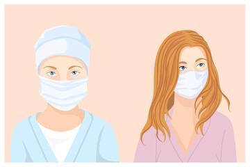 
Doctor and nurse. Women in masks. The concept of prevention of Covid-19 or Coronavirus 2019 -nCov. Vector illustration in a flat style.
