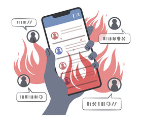 スマホで炎上するsnsの画面を見ている手元のイラスト（グレー）