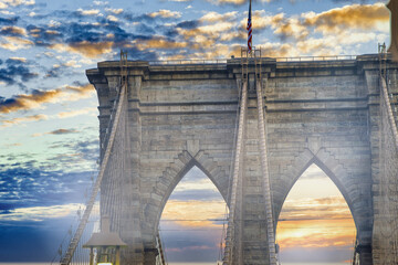 Sky colors on the background of Brooklyn Bridge Tower, New York City
