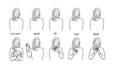 若い女性　シンプルなタッチの人物の喜怒哀楽とポーズのセット
