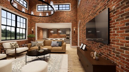 3d rendering. Interior house modern open living space with kitchen. modern loft style Duplex apartment residence. Home decoration  interior design.