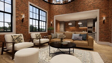 3d rendering. Interior house modern open living space with kitchen. modern loft style Duplex apartment residence. Home decoration  interior design.