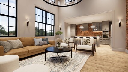 3d rendering. Interior house modern open living space with kitchen. modern loft style Duplex apartment residence. Home decoration  interior design.