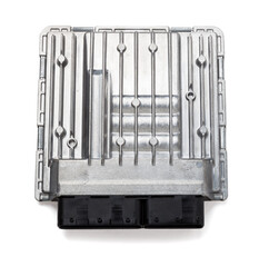 Metallic car engine control unit with plastic elements on a white isolated background is connecting...