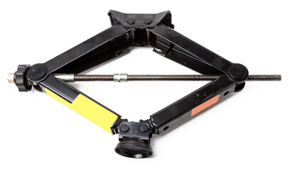 Black metal jack for replacing a car wheel on a white isolated background in a car service....