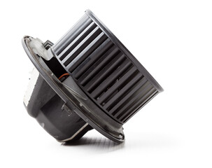 Heater fan - spare part and element of car air conditioning system on white isolated background. Auto service industry. Spare parts catalog.