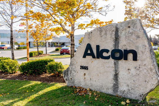 Mississauga, Ontario, Canada- October 23, 2019: Alcon sign at their Canadian head office in Mississauga. Alcon is a global medical company specializing in eye care products.