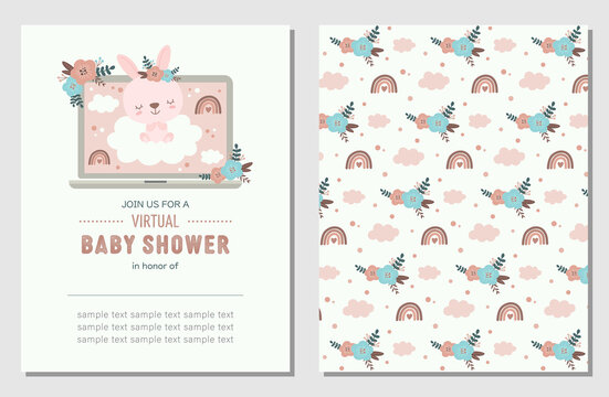 Virtual Baby Shower Invitation Card And Coordinated Pattern With Cute Bunny, Rainbows, Clouds, And Flowers. Baby Shower Invitation For A Girl In Trendy Pastel Colors.