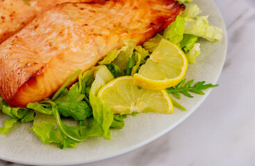 Close up of baked salmon fillet with green salad on gray plate.