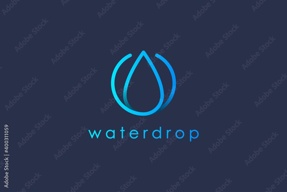 Wall mural water logo. blue water drop linked with circle line around isolated on blue background. usable for b