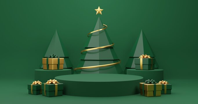 Merry Christmas and Happy New Year. Background Xmas design of realistic gifts box. christmas holiday decorate, abstract minimal concept, geometric background, 3d rendering 

