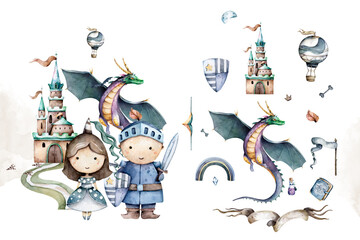 The little knight and cute princess around castle. Kid set Adventure Hand drawn watercolor isolated nursery kid cartoon illustration on white background - 400311633