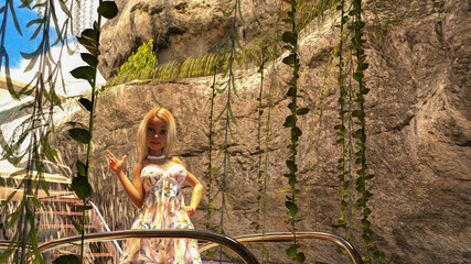 Girl on the ship. Cute girl cartoon character posing on the catamaran. 3d rendering, 3d illustration, 3d art.