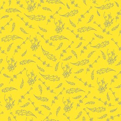 Vector seamless pattern with branches and leaves in doodle style.Botanical print hand-painted Ultimate Grey line on Illuminating yellow background.Design for wrapping paper,textile,packaging.