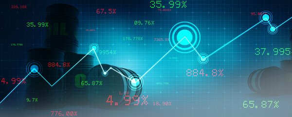 3d illustration of oil barrels with a graphical representation of hiking price.