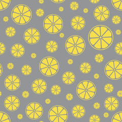 Vector seamless pattern on the colors of the year 2021. Ultimate gray and illuminating. Isolated round slices of citrus fruits lemon, different sizes. Template design for packaging, prints, web design