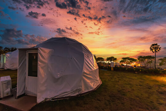 Phetchabun, Thailand - November, 28, 2020 : Geodesic dome Tents Of Status Resort on hill in sun set time at Khao Kho, Phetchabun, Thailand