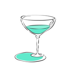 Wineglass vermouth. Drink element. Color object. Retro glass wine hand draw, design for any purposes. Restaurant illustration. Simple sketch. Isolated on white background in engraving style