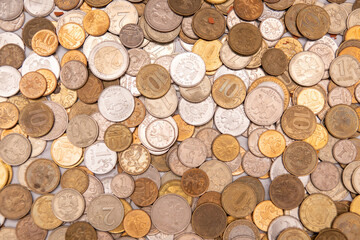 Background of the coins of Rubles and euro