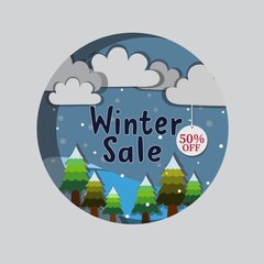 winter sale banner with paper cut vector design and cute elements at the backdrop. - obrazy, fototapety, plakaty
