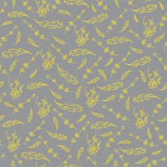 Vector seamless pattern with branches and leaves in doodle style.Botanical print hand-painted Illuminating yellow line on Ultimate Grey background.Design for wrapping paper,textile,packaging.