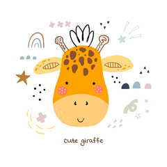 Funny cute scandinavian giraffe cartoon style. Vector print with giraffe. Printable templates. vector print. Perfect for kids apparel, poster, baby shower card. Vector illustration