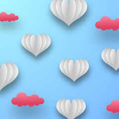 valentine's day greeting card. paper cut style of heart shape and cloud