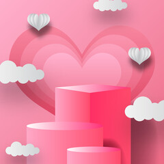 podium product display Valentine's day greeting card banner with cloud and heart shape. Paper cut style vector illustration.