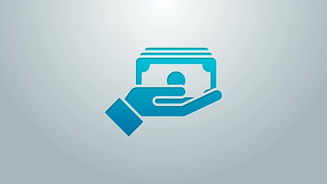 Blue line Stacks paper money cash in hand icon isolated on grey background. Insurance concept. Money banknotes stacks. Bill currency. 4K Video motion graphic animation
