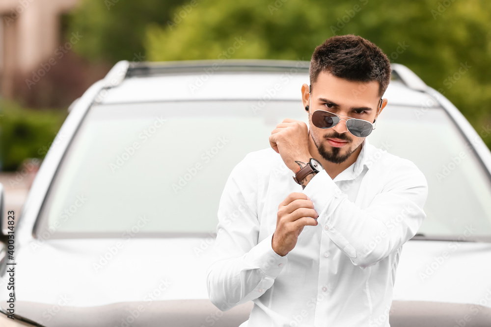 Wall mural Handsome man near modern car