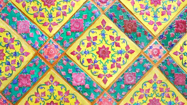 4K Old wall ceramic tiles patterns handcraft from thailand temple wall puic