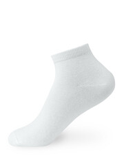 Isolated white short sock on invisible mannequin foot on white background, side view