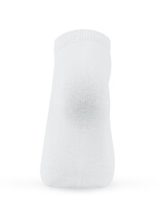 Isolated white short sock on invisible mannequin foot on white background, back view