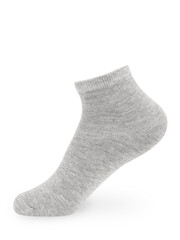 Isolated gray short sock on invisible mannequin foot on white background, side view
