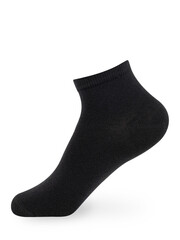 Isolated black short sock on invisible mannequin foot on white background, side view