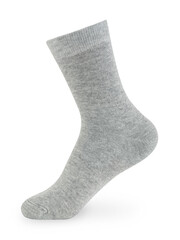 Isolated long gray sock on invisible mannequin foot on white background, side view