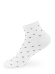 Isolated white polka dot short sock on invisible mannequin foot on white background, side view