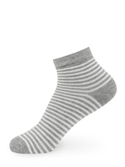 Isolated  striped short gray sock on invisible mannequin foot on white background, side view