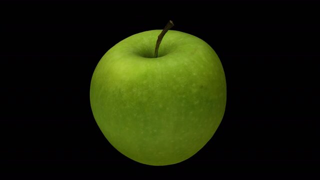 Realistic render of a rotating green Granny Smith apple on transparent background (with alpha channel). The video is seamlessly looping, and the 3D object is scanned from a real apple.
