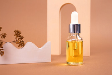 Dropper bottle of natural organic cosmetics - hyaluronic acid, serum, moisturizer or facial...