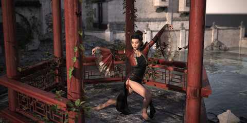 Obraz na płótnie Canvas Woman from China Posing Dance and Fighting Figures in Chinese Pavilion with Chinese Landscape Background. 3d rendering, 3d illustration, 3d art.