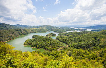 Beautiful view of Riam Kanan lake from the peak of Matang Kaladan hill in Banjar, South Kalimantan. Riam Kanan is a dam for power plant and conservation.