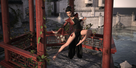 Plakat Woman from China Posing Dance and Fighting Figures in Chinese Pavilion with Chinese Landscape Background. 3d rendering, 3d illustration, 3d art.